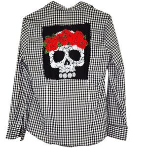 Boneyard Threadz B&W Checkered Button Up Shirt With Floral Skull Medium